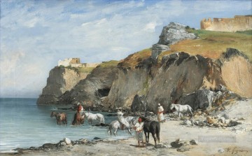 ヴィクトル・ユゲ Painting - 浜辺の騎手たちの停止 ヴィクトル・ユゲ 東洋学者